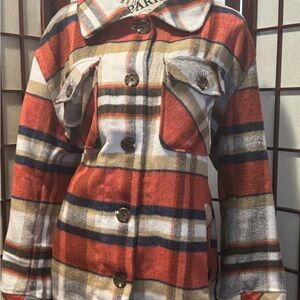 Kensie orange dark blue & white button up Plaid Utility Jacket